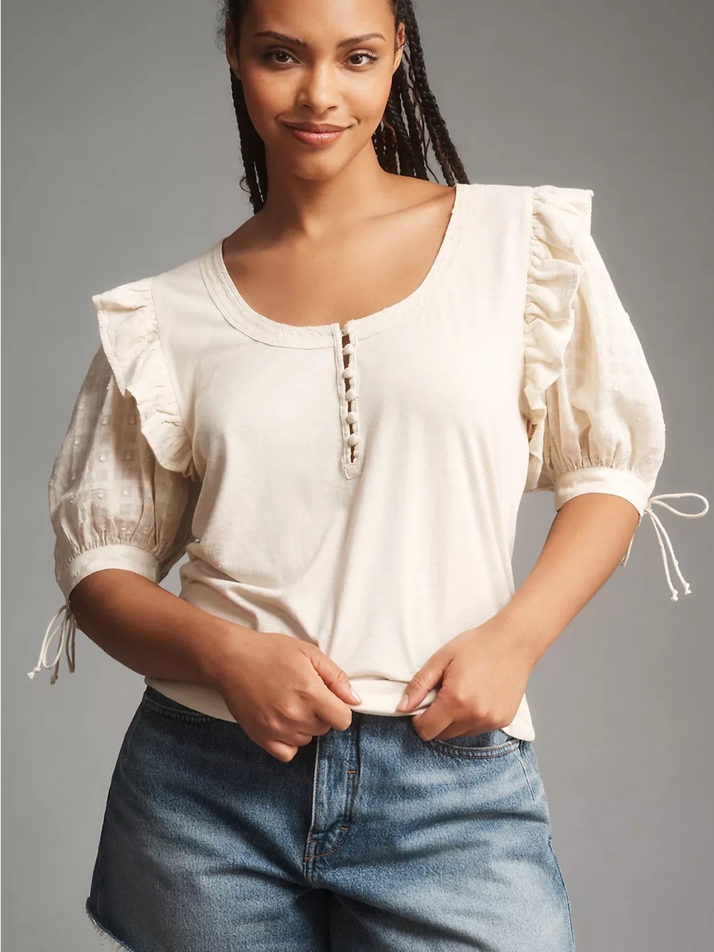 NWT Anthropologie Embroidered Puff-Sleeve Top XL Creme Eyelet Ruffle Henley - Picture 4 of 12
